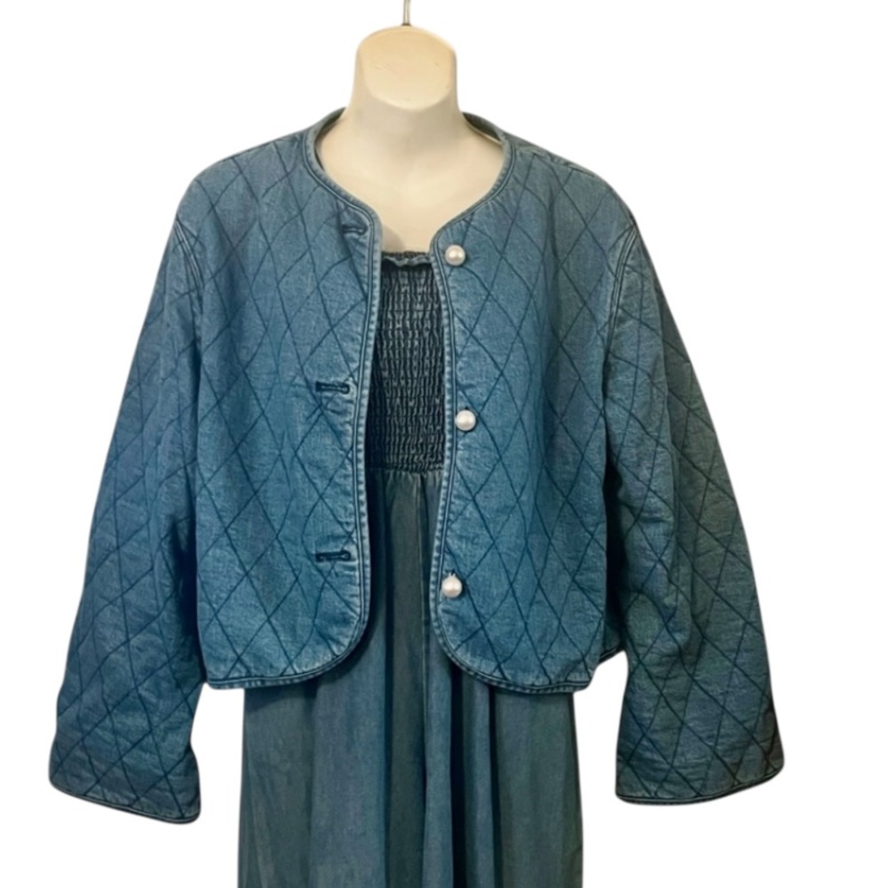 Kate Spade Women’s Blue Diamond-Pattern Quilted Cropped Denim Jean Jacket M